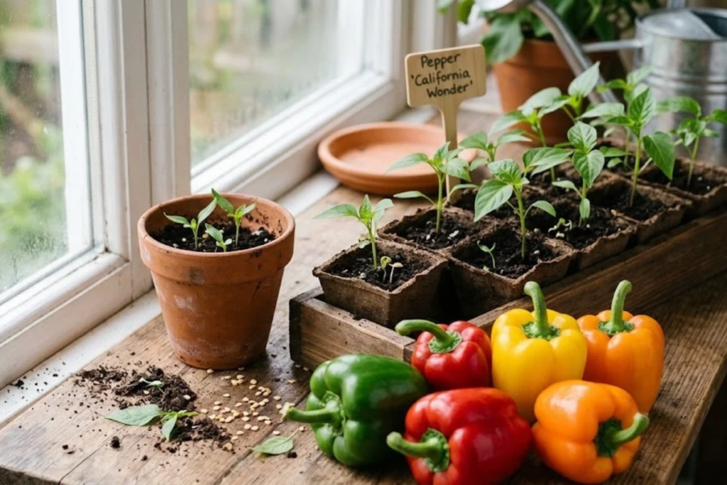 Bell pepper seedlings growing in seed starting trays beside colorful ripe bell peppers