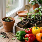Bell pepper seedlings growing in seed starting trays beside colorful ripe bell peppers