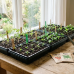 Seed starting trays with young green seedlings growing indoors