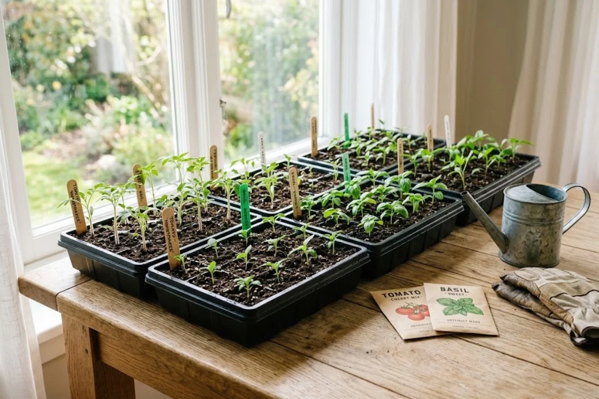 Seed starting trays with young green seedlings growing indoors